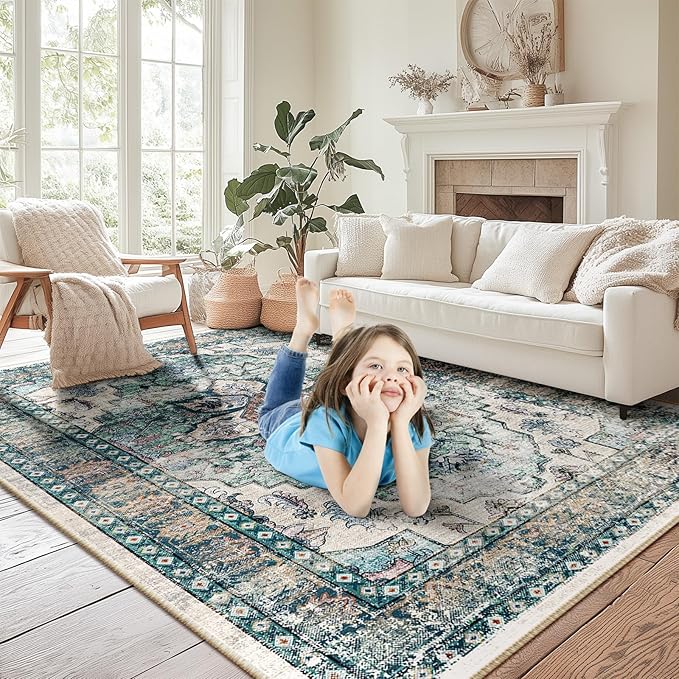 BESTSWEETIE 3x5 Area Rug Washable Rugs for Living Room, No Pile Boho Carpet for Entryway Bedroom Dinning Room, Vintage Carpet Print Distressed Non-Slip, 3 x 5 ft, Green