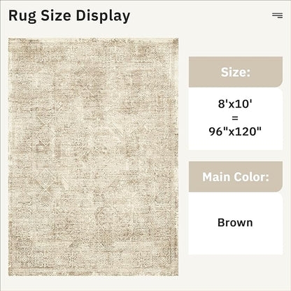 Soalmost Washable Area Rug 8x10, Large Soft Rugs for Living Room Vintage 8x10 Area Rugs for Bedroom Dining Room Floral Non-Slip Thin Brown