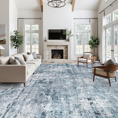 Soalmost 10x14 Area Rugs for Living Room, Non Slip Machine Washable Vintage Rugs, Low Pile Lightweight Large Rug for Bedroom, Dining Room, Home Office Blue