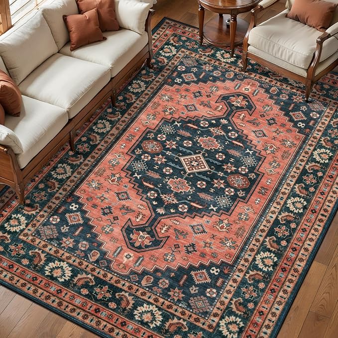 Tangsoo Oriental Washable 5x7 Area Rug for Living Room,Vintage Non Slip Large Rugs Soft Non-Slip Carpet,Boho Low Pile Foldable Floor Rug for Bedroom Dining Room Dorm Office Home Decor Red Blue