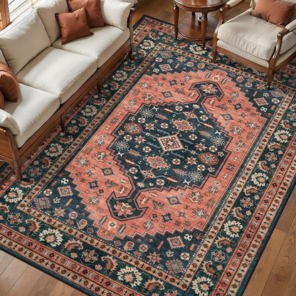Tangsoo Oriental Washable 5x7 Area Rug for Living Room,Vintage Non Slip Large Rugs Soft Non-Slip Carpet,Boho Low Pile Foldable Floor Rug for Bedroom Dining Room Dorm Office Home Decor Red Blue