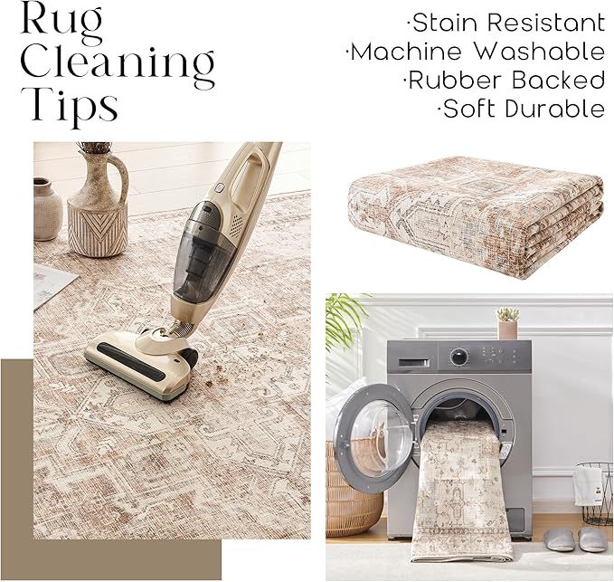 BILEEHOME Boho Farmhouse Bedroom Rug Washable Easy Clean Stain Resistant Vintage Country Rustic Neutral Persian Area Rug for Dining Room Under Table,Light Tan Brown Beig with Terracotta Pattern,5x8