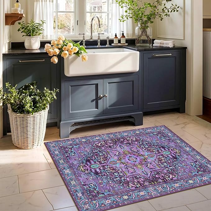 2x3 Washable Small Front Door Violet Purple with Vintage Orient Design, Soft Rug for Entryway or Kitchen, Non-Slip Low Pile Stain Resistance Features, Distressed Medallion Pattern