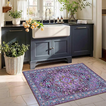 2x3 Washable Small Front Door Violet Purple with Vintage Orient Design, Soft Rug for Entryway or Kitchen, Non-Slip Low Pile Stain Resistance Features, Distressed Medallion Pattern