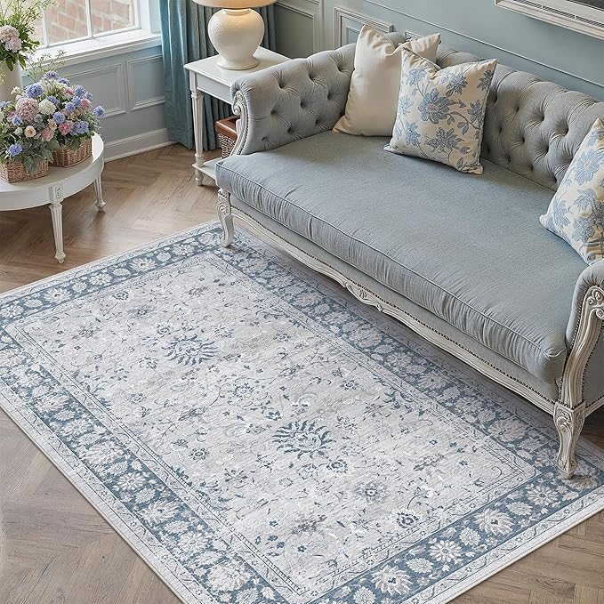 PureCozy 3x5 Area Rug Blue Washable Entryway Vintage Carpet Office Small Non Slip Stain Soft Resistant Low Pile Thin Boho Accent Indoor Throw Rug for Laundry Kitchen Bathroom Entrance Bedroom