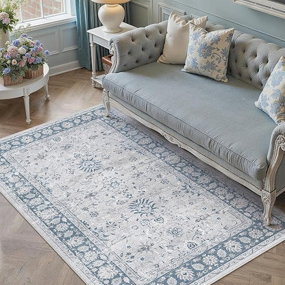 PureCozy 3x5 Area Rug Blue Washable Entryway Vintage Carpet Office Small Non Slip Stain Soft Resistant Low Pile Thin Boho Accent Indoor Throw Rug for Laundry Kitchen Bathroom Entrance Bedroom