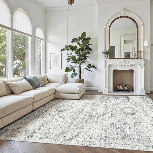 Soalmost 7x10 Area Rug for Living Room Washable Abstract Vintage Soft Thin Indoor Floor Non-Slip Carpet for Bedroom Dining Room Blue Ivory