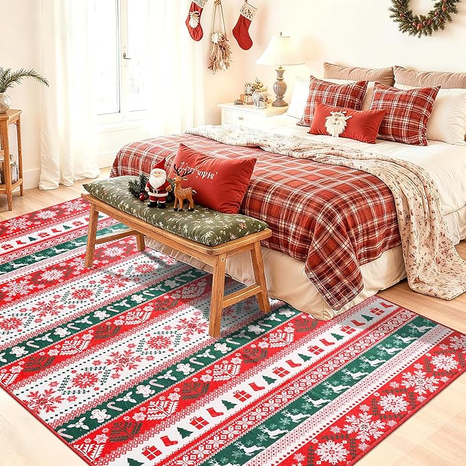 Area Rugs for Bedroom, 4x6 Ft Indoor Washable Rugs for Entryway Snowflake Print Living Room Carpet, Farmhouse Welcome Front Door Mat Non Slip Carpet for Entrance Porch Bath Kitchen, Green/Red