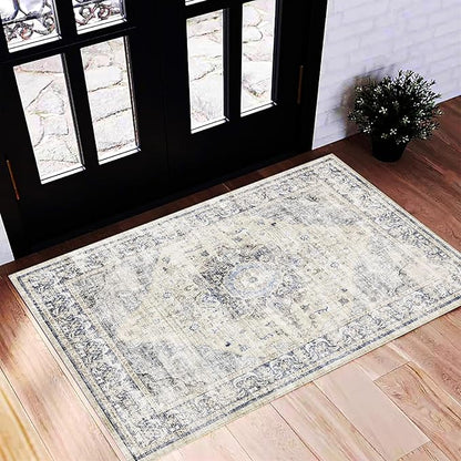 CHAMPLANT Washable Area Rug 2'x3' Floral Blue Door Mat Vintage Distressed Doormat Indoor Entrance Traditional Thin Rug Floral Print Non Slip Carpet for Kitchen Bathroom Bedroom Living Room