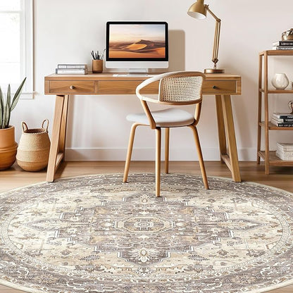 Round Rug Living Room Rugs: 4x4 Washable Boho Neutral Circle Soft Non-Slip Indoor Vintage Stain Resistant Floor Farmhouse Carpet for Bedroom Nursery Kids Playroom Entryway Dorm Home- Beige Brown