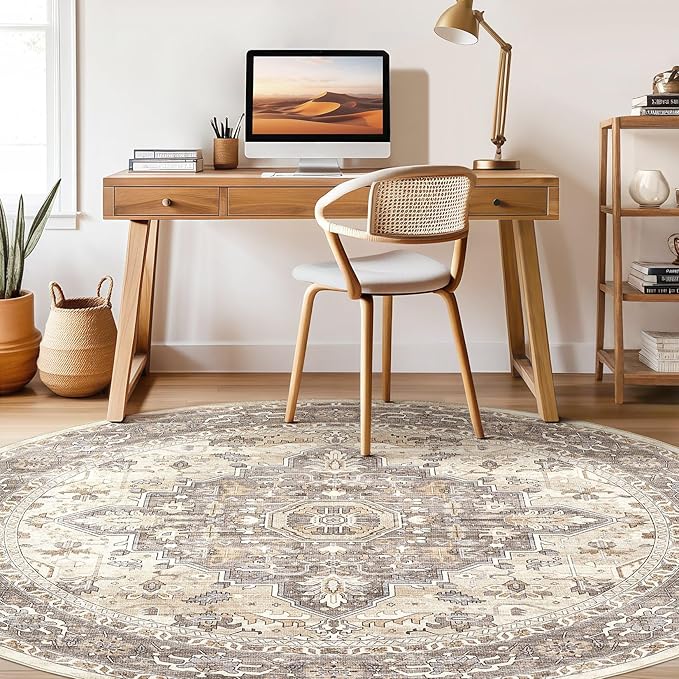 Round Rug Living Room Rugs: 7x7 Washable Boho Neutral Large Circle Soft Indoor Floral Stain Resistant Floor Farmhouse Carpet for Bedroom Nursery Kids Playroom Office Dining Room Dorm Home- Beige Brown
