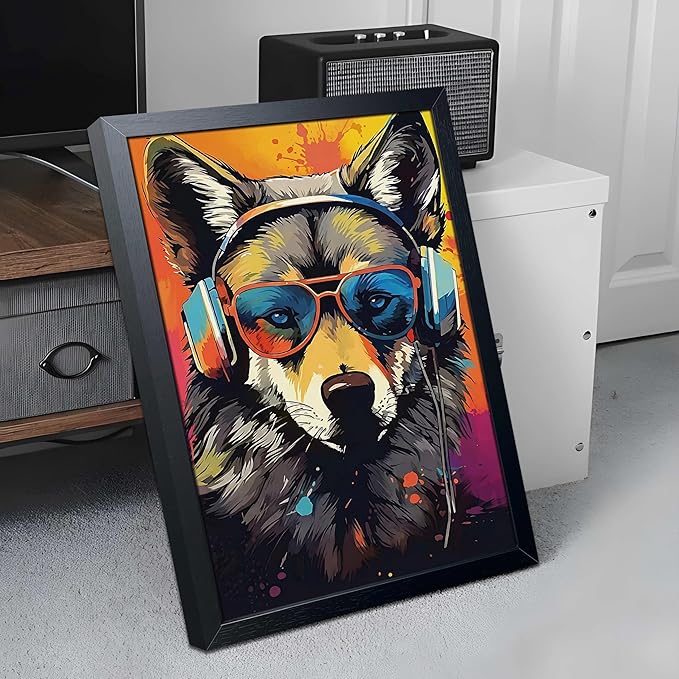 Cool Wolf Wall Art Framed Canvas Print, Wolf Wearing Sunglasses and Headphones Pop Art Poster, Vibrant Graffiti Music King Animal Painting for Boys Room Bedroom Gaming Room Home Decor 8x10 Inch