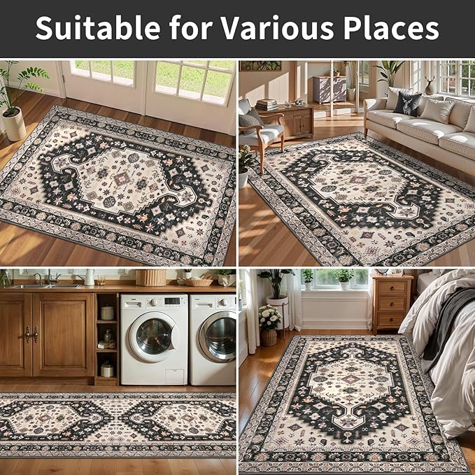 Tangsoo 4x6 Area Rug for Living Room,Boho Washable Non-Slip Throw Rug Black and Gold Low Pile Indoor Area Rugs,Vintage Soft Carpet for Entrance Bedroom Bedside Office Decor