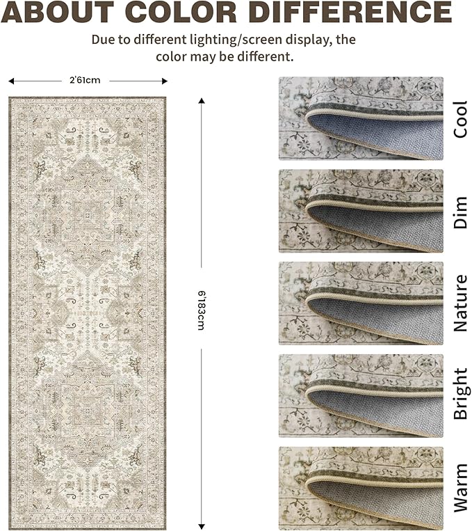 2.6x8 Washable Hallway Runner Rug - Kitchen Rugs with Non Slip Backing Vintage Soft Farmhouse Entryway Mat for Living Room Laundry Bedroom Bathroom Brown/Ivory