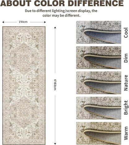 2.6x8 Washable Hallway Runner Rug - Kitchen Rugs with Non Slip Backing Vintage Soft Farmhouse Entryway Mat for Living Room Laundry Bedroom Bathroom Brown/Ivory