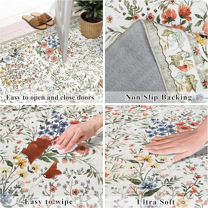 12x12 Square Area Rug Living Room: Boho Floral Washable Mat for Dining Room Bedroom Office High Traffic Area Soft Non Slip Low Pile Indoor Carpet for Vintage Farmhouse Home Decor (12ft Square, Beige)