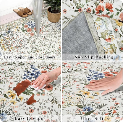 12x12 Square Area Rug Living Room: Boho Floral Washable Mat for Dining Room Bedroom Office High Traffic Area Soft Non Slip Low Pile Indoor Carpet for Vintage Farmhouse Home Decor (12ft Square, Beige)