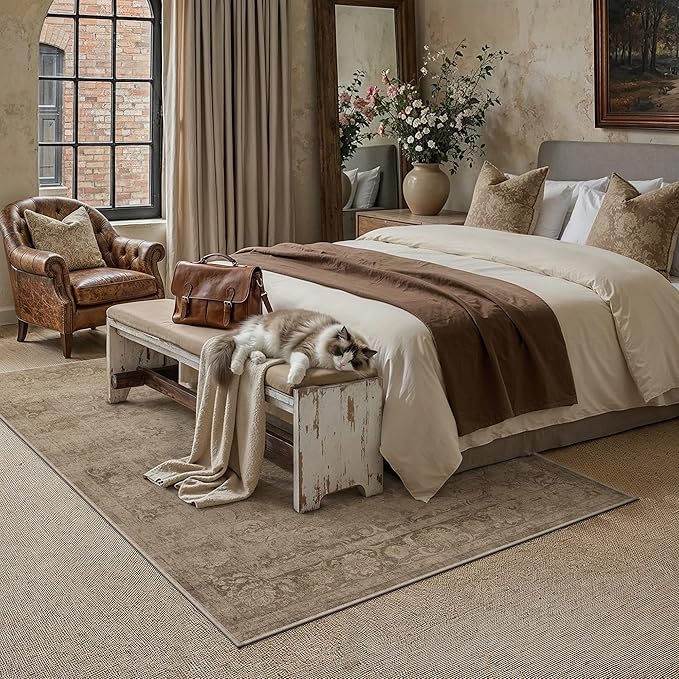 PureCozy Brown Area Rug 5x7 Washable Vintage Living Room Office Carpet Non Slip Soft Low Pile Distressed Medallion Indoor Floor Retro Throw Rug for Kitchen Bedroom Dining Room