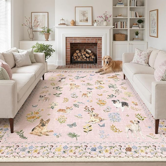 Soalmost Dog 9x12 Pink Area Rugs for Baby Girl Nursery, Washable Animal Floral Vintage Rug Non-Slip Low Pile Soft Throw Rugs for Living Room Dining Room Bedroom Playroom Classroom (9 x 12,Pink)