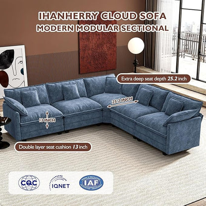 Ihanherry 114" V-Shaped Modern Sofa Modular Sectional Cloud Couch with Corner Section, 5-Seat Chenille Deep Seat Sofa with 5 Pillows for Living Room, Bedroom and Apartment, Blue