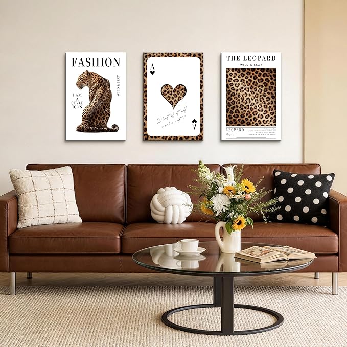 WENGTIAO Trendy Cheetah Canvas Wall Art Prints 3Pcs Fashion Leopard Wall Decor Lucky Ace Card Paintings Preppy Aesthetic Pictures Posters for Living Room Bedroom Study 16x24x3 inch
