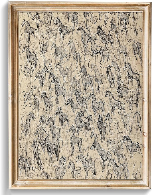 uniro Vintage Wall Art Prints Wild Horses Sketch Canvas Oil Painting, Minimalist Equestrian Drawing Artwork for Western Bedroom Bathroom Decor (8" x 10"-UNFRAMED)