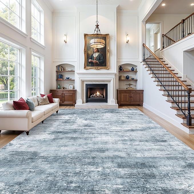 Extra Large Living Room Rug 12x18ft Washable Modern Abstract Neutral Oversize Rug for Bedroom, Dining Room, Family Room Non-Slip Low-Pile Thin Stain-Resistant Carpet (Misty Blue Gray)