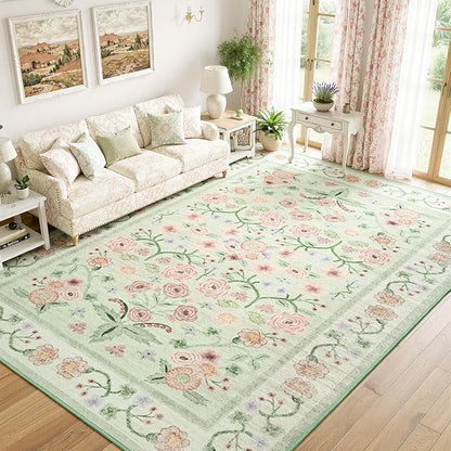 Maxsoft Large Area Rugs for Living Room Bedroom, 5x7 Washable Floral Area Rugs, Non-Slip and Stain Resistant Soft Throw Indoor Carpet for Dining Room Office Kitchen Dorm Home Decor, Green