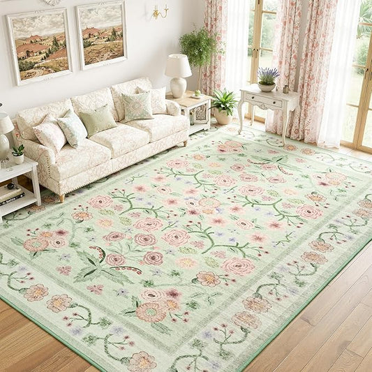 Maxsoft Large Area Rugs for Living Room Bedroom, 5x7 Washable Floral Area Rugs, Non-Slip and Stain Resistant Soft Throw Indoor Carpet for Dining Room Office Kitchen Dorm Home Decor, Green