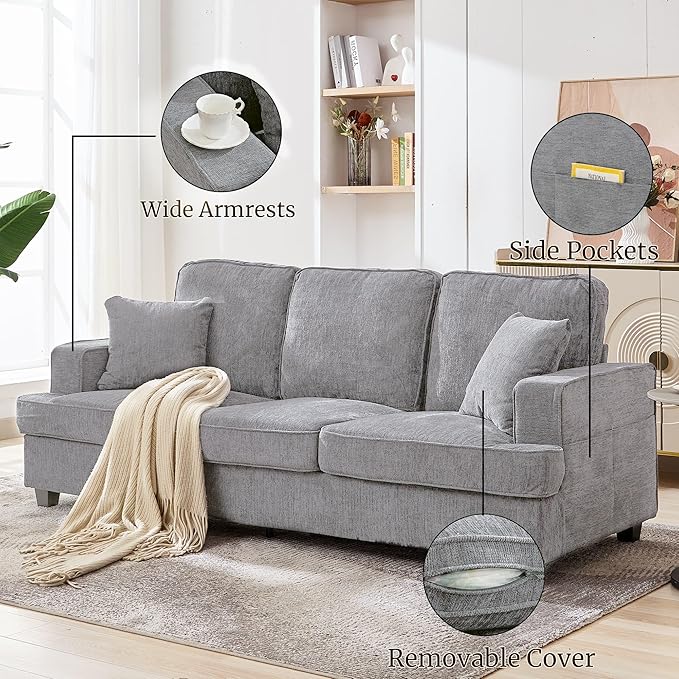 Korser Three Seater Couch for Living Room, Sofa Couches with Deep Seat & Armrest, Comfy Modern Sofas in Chenile for Living Room Bedroom Office Apartment, Pewter
