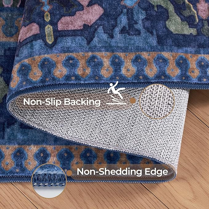 8x10 Area Rugs for Living Room, Machine Washable Low Pile Rug, Non Slip Backing Boho Rugs for Bedroom, Printed Soft Vintage Carpet Navy Blue Green 8 x 10