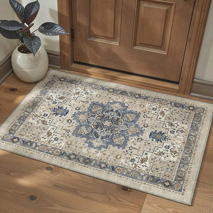 GENIMO 2x6 Runner Rugs for Hallway, Machine Washable Non Slip Vintage Rugs, Low Pile Lightweight Soft Print Carpet for enrtyway, Corridor, Home Office, Kitchen, Blue Cream