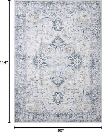 GENIMO 7'6''x9'6'' Area Rugs for Living Room, Machine Washable Non Slip Vintage Rugs, Low Pile Lightweight Chenille Print Rug for Bedroom, Dining Room, Home Office, Blue