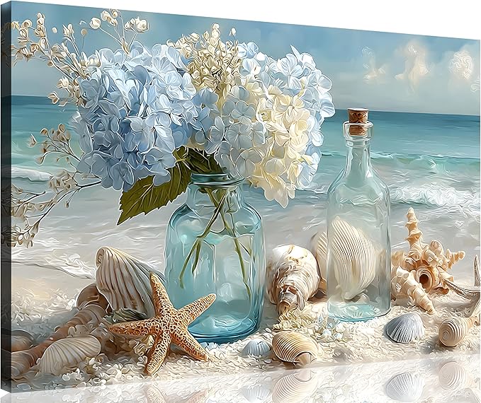 TutuBeer 1 Panel Blue Ocean Beach Bathroom Canvas Wall Art Seaside Seashell Painting Print Artwork Starfish with White Flower Coastal Bathroom Canvas Wall Art for Living Room Bedroom Bathroom 30"x40"