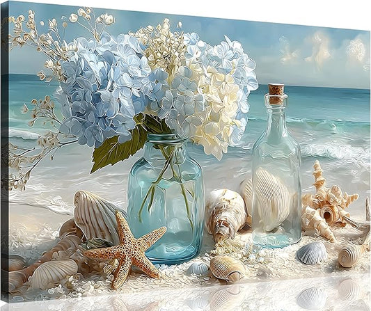 TutuBeer 1 Panel Blue Ocean Beach Bathroom Canvas Wall Art Seaside Seashell Painting Print Artwork Starfish with White Flower Coastal Bathroom Canvas Wall Art for Living Room Bedroom Bathroom 12"x18"