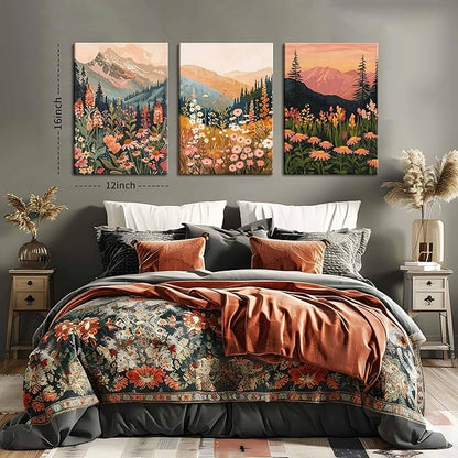 Framed Wildflower Mountain Landscape Wall Art Set of 3, Colorful Floral Wall Decor, Boho Sunset Landscape Canvas Artwork, Earth Tone Botanical Poster Prints for Living Room Bedroom 12x16 Inch