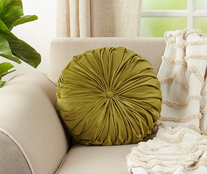 SARO LIFESTYLE Round Velvet Pintucked Poly Filled Throw Pillow