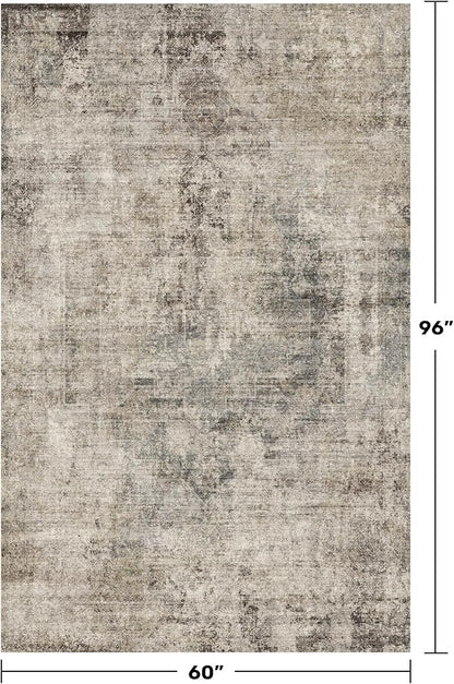Hazo Haus 5x8 Dark Rug for Living Room, Vintage Unique Area Rug for Mudroom, Home Office, Dining Room, Washable Non Slip Brown Taupe Décor
