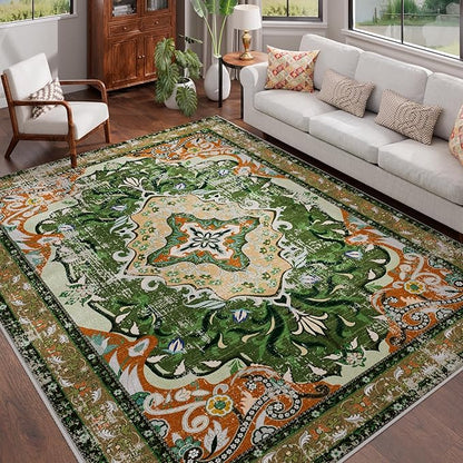RUSHUFFY 5x7 Washable Area Rugs for Bedroom, Vintage Boho Distressed Print Pattern Rugs for Living Room, Soft Non-Slip Carpet for Indoor Dining Room Nursery Farmhouse Girls Room, Dark Green