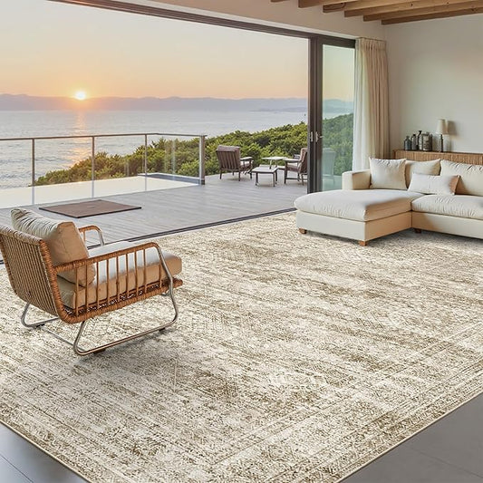 Soalmost Washable Area Rug 8x10, Large Soft Rugs for Living Room Vintage Area Rugs for Bedroom Dining Room Non-Slip Stain Resistant Brown Under Table Rug