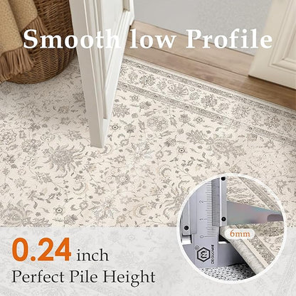PureCozy 9x12 Area Rug Beige Washable Vintage Carpet Living Room Bedroom Large Non Slip Stain Soft Resistant Low Pile Thin Boho Accent Indoor Throw Rug for Dining Room Office
