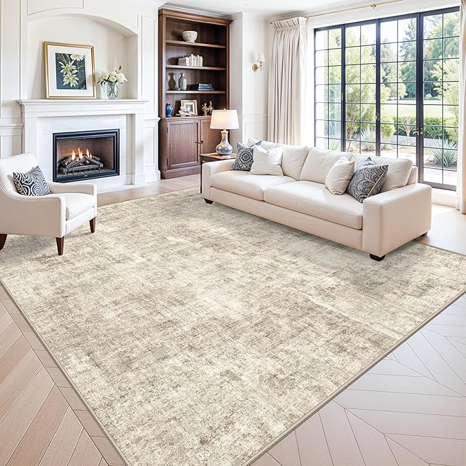 10x10 ft Square Living Room Rug – Washable Modern Abstract Area Rug for Bedroom, Dining Room, Playroom – Neutral Non-Slip Low-Pile Thin Indoor Carpet (Warm Beige)