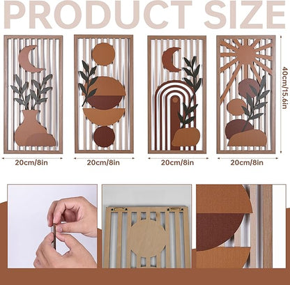 Orange Boho Wall Art Set of 4, Abstract Geometric Wooden Terracotta Wall Decor, Mid-Century Modern Aesthetic Artwork with Arch, Vase & Botanical Design for Modern Home Decor for Bedroom, Office & Living Room(B)