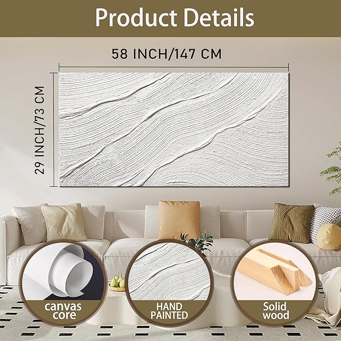 Tarfupth Large Abstract Canvas Wall Art for Living Room White Minimalist Textured Painting Hand-Painted Modern Neutral Artwork for Bedroom Office Decor 29"x58"