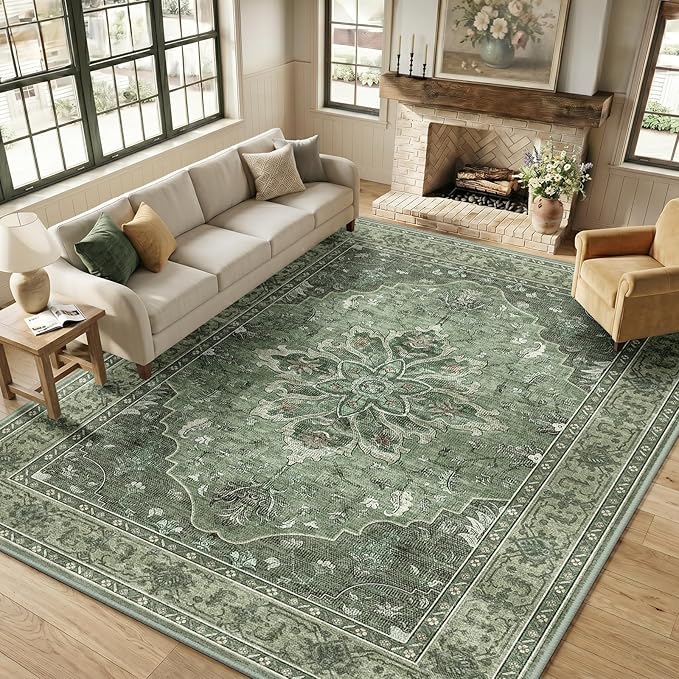 RELEANY Area Rugs 9'x12' Washable Non-Slip, Floral Vintage Distress Print Pattern Medallion Carpet for Living Room Bedroom Dining Room, Dark Green Gray