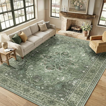 RELEANY Area Rugs 9'x12' Washable Non-Slip, Floral Vintage Distress Print Pattern Medallion Carpet for Living Room Bedroom Dining Room, Dark Green Gray
