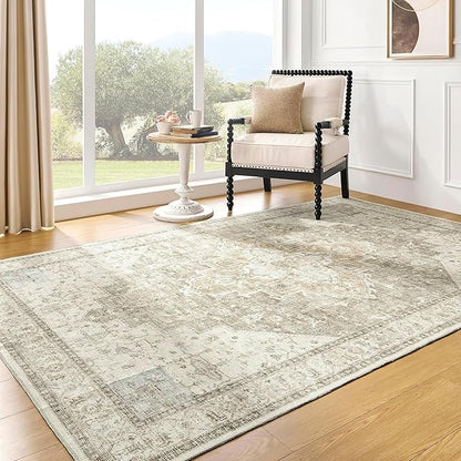 BILEEHOME 3x5 Area Rug, Washable Non Slip Neutral Farmhouse Persian Front Door Rug for Entry, Tan Beige and Light Brown with Terracotta Pattern