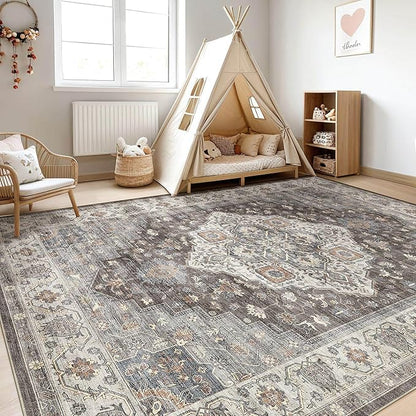 5x8 Area Rug Living Room: Washable Boho Large Neutral Vintage Soft Rug Stain Resistant Farmhouse Non-Slip Indoor Floor Carpet for Bedroom Nursery Kids Office Dining Room Playroom- Grey Brown