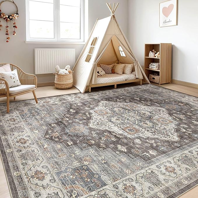 7x10 Area Rug Living Room: Washable Boho Large Neutral Vintage Soft Rug Stain Resistant Farmhouse Non-Slip Indoor Floor Carpet for Bedroom Nursery Kids Office Dining Room Playroom- Grey Brown