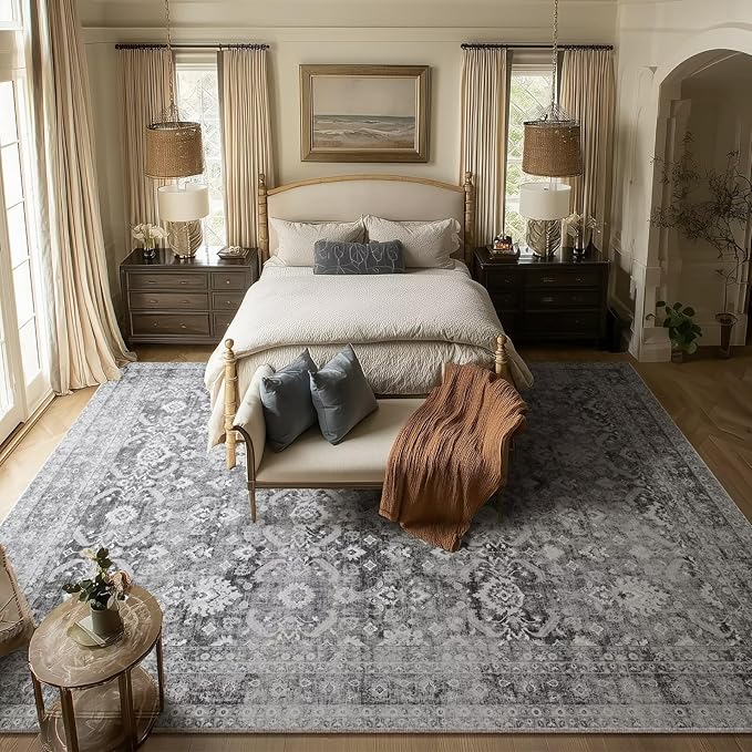 Washable 8x10 Area Rugs for Living Room, Boho Non-Slip Vintage Distress Large Rugs for Bedroom Dining Room Nursery Office, 0.3" Neutral Oriental Throw Thin Carpet, Grey/Multi, C5